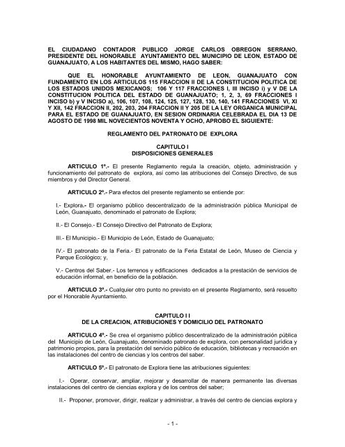 reglamento del patronato de explora - H. Ayuntamiento de León