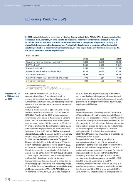 Explorare şi Producţie (E&P) - Raport 2010 Petrom