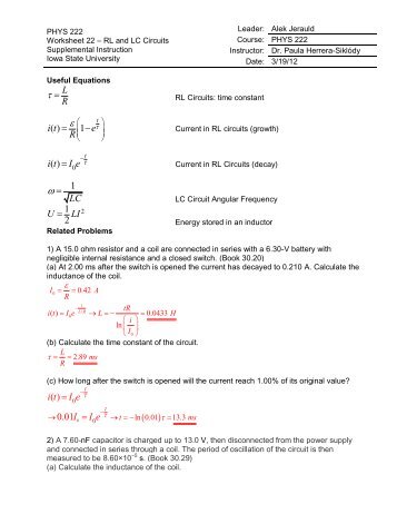 PHYS 222 Worksheet 22 RL and LC Circuits ANSWERS