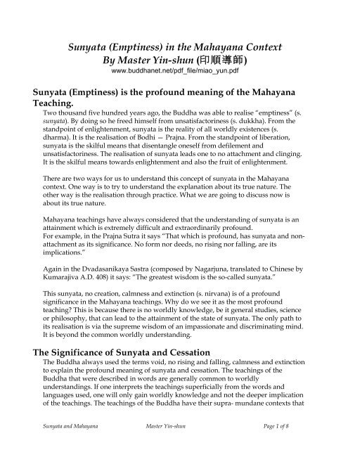 Sunyata (Emptiness) in the Mahayana Context By Master Yin-shun ...