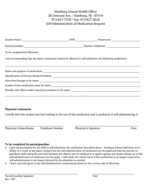 Medication Self Administration Permission Form Hamburg School Medication Self Administration Permission Form Hamburg School
