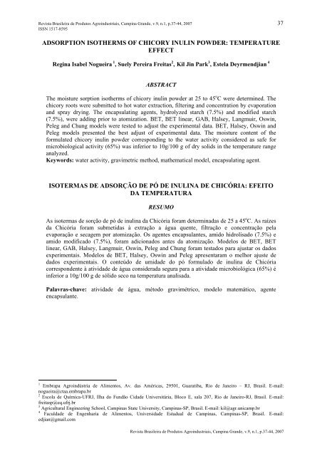 Adsorption isotherms of chicory inulin powder ... - Deag.ufcg.edu.br