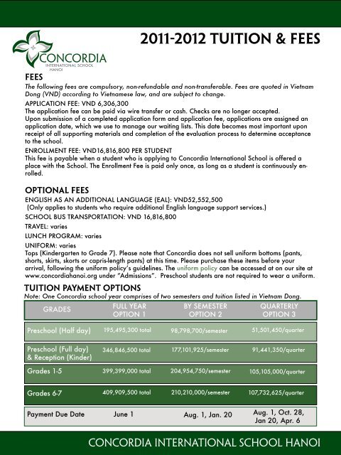 2011-2012 tuition & Fees - Concordia International School Hanoi