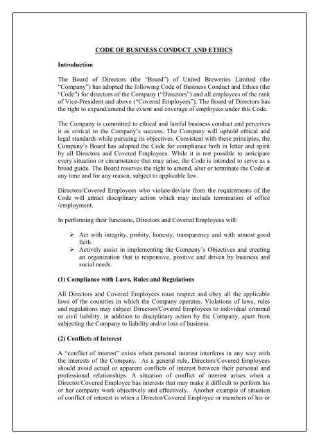 CODE OF BUSINESS CONDUCT AND ETHICS ... - UB Group