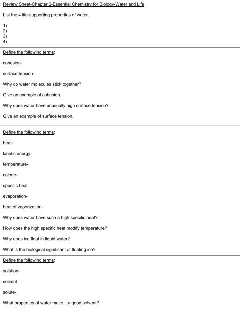 Review Sheet-Chapter 2-Essential Chemistry for Biology-Water and ...