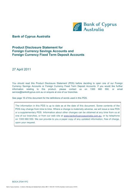 Bank of Cyprus Australia Product Disclosure ... - Delphi Bank