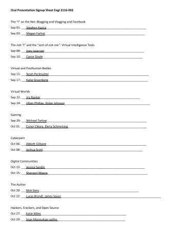 Oral Presentation Signup Sheet Engl 3116-003 The âIâ on the Net ...