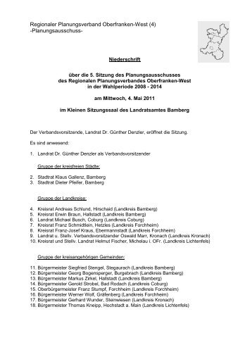 Niederschrift - Regionaler Planungsverband Oberfranken-West