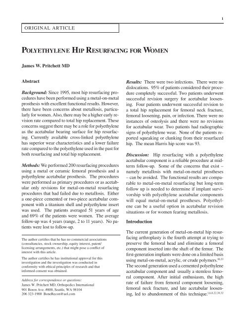 Polyethylene Hip Resurfacing for Women by Dr. Pritchett