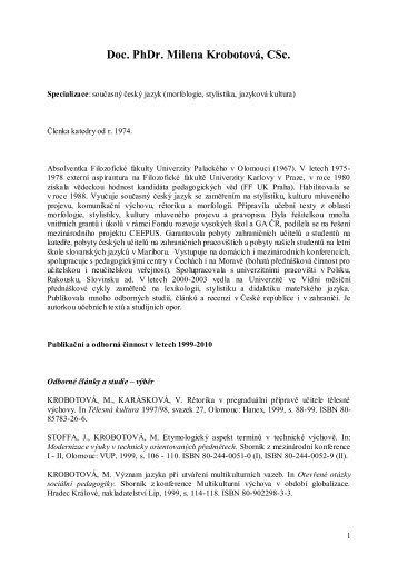 Doc. PhDr. Milena KrobotovÃ¡, CSc. - Univerzita PalackÃ©ho v Olomouci