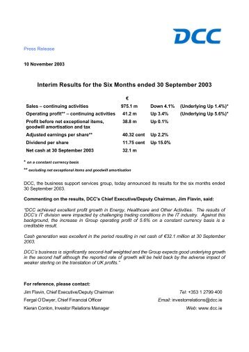 Interim Results for the Six Months ended 30 September 2003