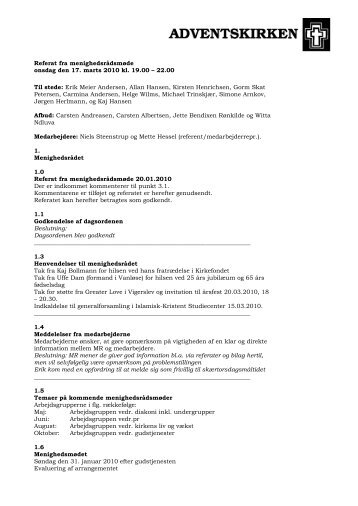 Referat fra menighedsrådsmøde onsdag den 17. marts 2010 kl. 19.00
