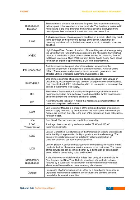 Transmission Network Performance Report 2005 - National Grid