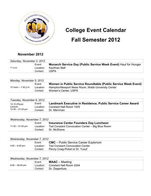 College Event Calendar Fall Semester 2012 College Event Calendar Fall Semester 2012