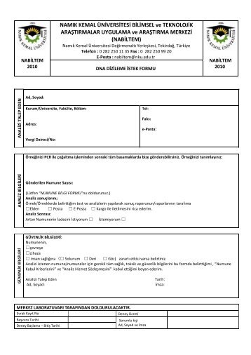 DNA Dizileme İstek Formu - E-Universite - Namık Kemal Üniversitesi