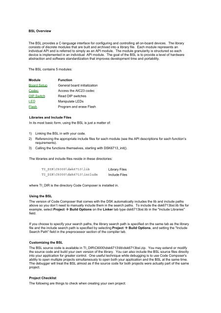 BSL Overview The BSL provides a C-language interface for ...
