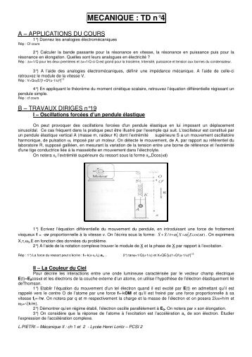 MECANIQUE : TD nÂ°4 - Les CPGE de Loritz