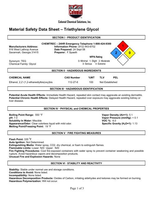 Material Safety Data Sheet A Triethylene Glycol Colonial Chemical