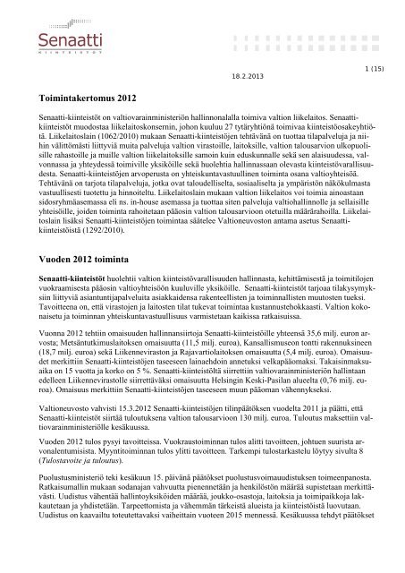 SENAATTI-KIINTEISTÃT TILINPÃÃTÃS VUODELTA 2012