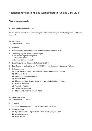 Rechenschaftsbericht des Gemeinderats fÃ¼r das Jahr 2011