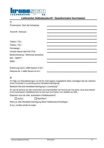 Lieferanten Selbstauskunft / Questionnaire fournisseur - Kronospan