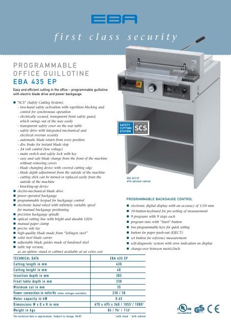 programmable office guillotine EBA 435 EP, PDF data sheet