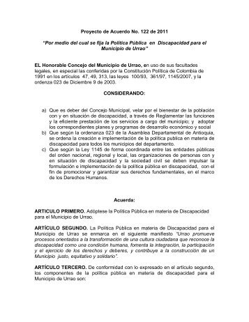 Proyecto de Acuerdo No. 122 de 2011 âPor medio del cual ... - Urrao