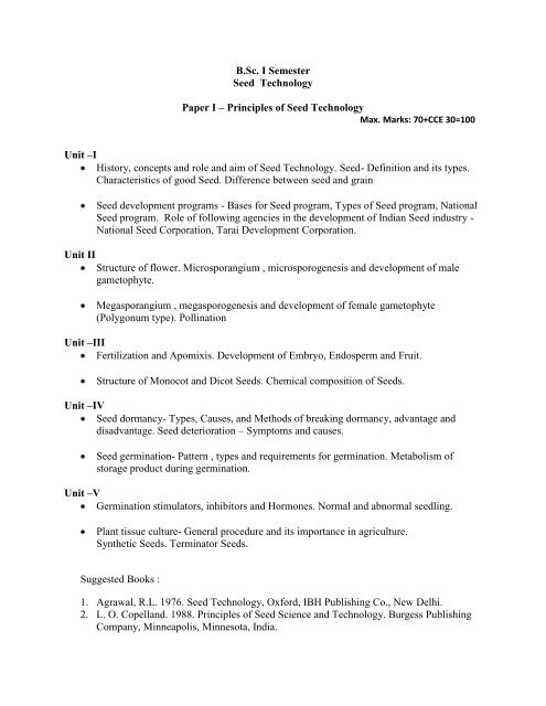 B.Sc. I Semester Seed Technology Paper I â€“ Principles of Seed ...