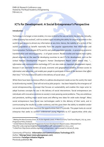 ICTs for Development: A Social Entrepreneur's Perspective