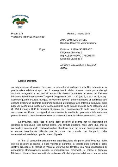 La lettera del Ministero dei Trasporti per quiz patente - UPI - Unione ...