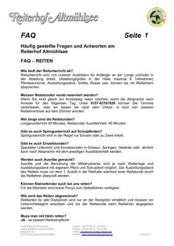 FAQ Seite - Reiterhof Altmühlsee