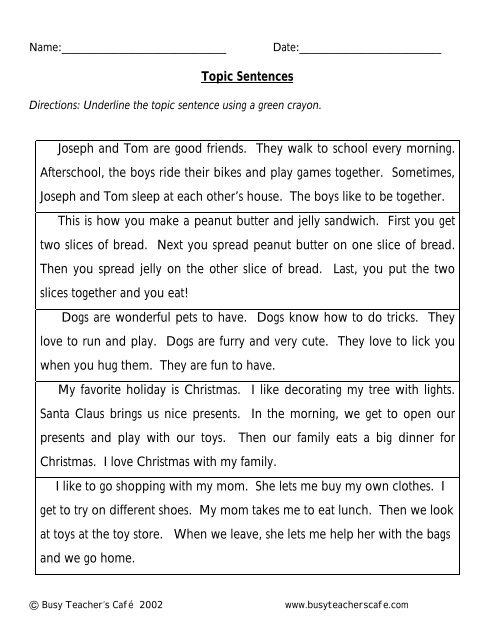 Topic Sentences - Busy Teacher's Cafe