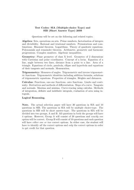 Test Codes: SIA (Multiple-choice Type) and SIB (Short Answer Type ...