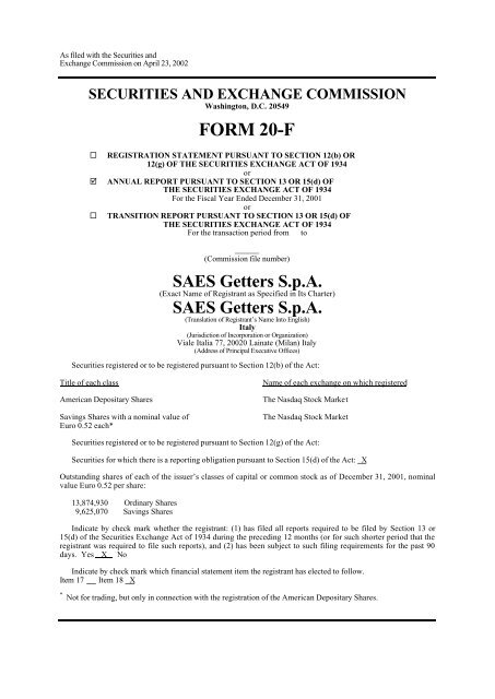 Form-20F - SAES Getters
