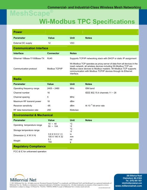 Wi-Modbus TCP Datasheet - Millennial Net