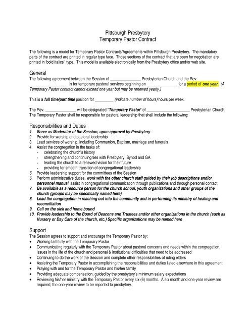 Temporary Pastor Contract the Pittsburgh Presbytery