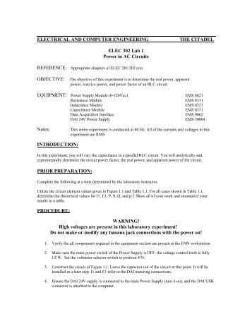 Lab 1 Power in AC Circuits - Department of Electrical and Computer ...