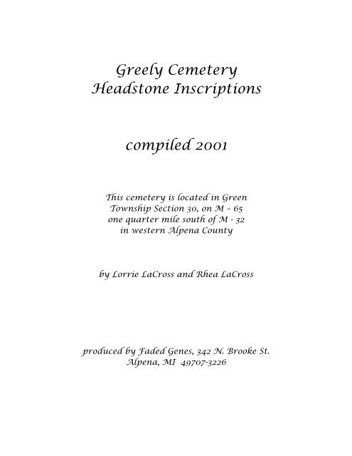 Greely Cemetery - Alpena County George N. Fletcher Public Library