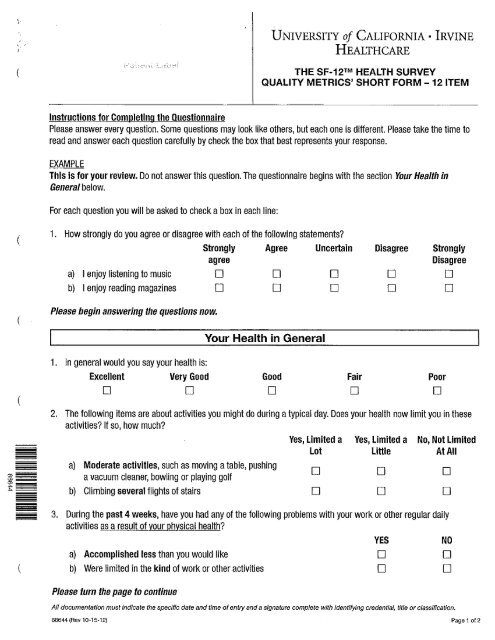 SF12 Health Survey - Orthopaedic Surgery - University of California ...
