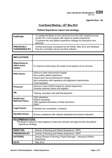 I A Patient Experience Report And Strategy East And North Herts
