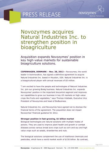 Novozymes acquires Natural Industries Inc. to strengthen position in ...