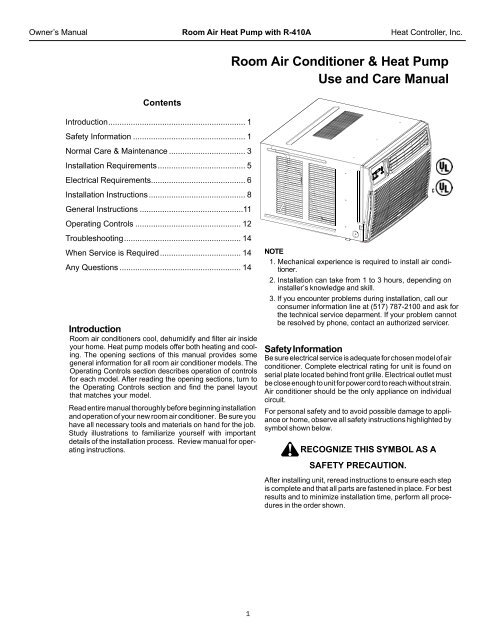 OWNER'S MANUAL - Comfort-Aire