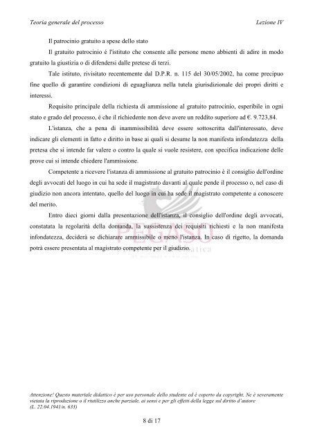 INSEGNAMENTO DI TEORIA GENERALE DEL PROCESSO