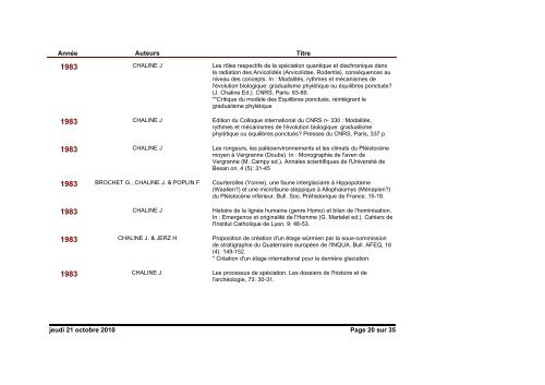 Publications : Jean CHALINE - VertÃ©brÃ©s fossiles