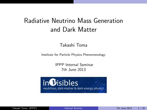 Radiative Neutrino Mass Generation and Dark Matter - Institute for ...