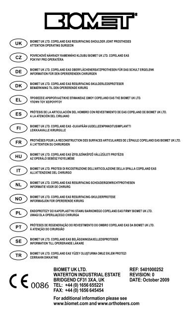 5401000252 REVISION: 0 DATE: October 2009 BIOmET UK LTD ...