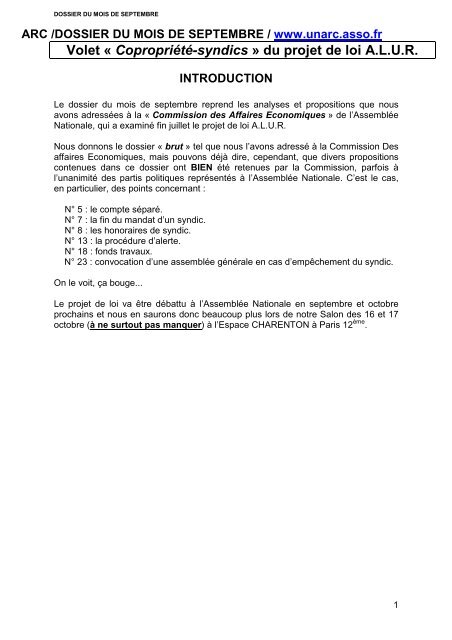 Volet « Copropriété-syndics » du projet de loi A.L.U.R. - Unarc