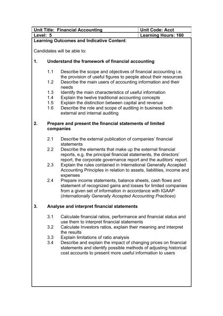 Unit Title: Financial Accounting Unit Code: Acct Level: 5 Learning ...