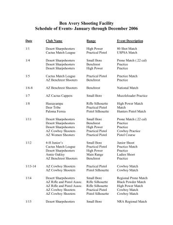 Ben Avery Shooting Facility Schedule of Events- January through ...