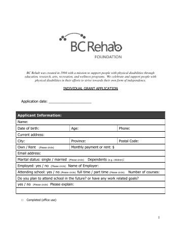 BC Rehab Individual Application - SCI Information Database